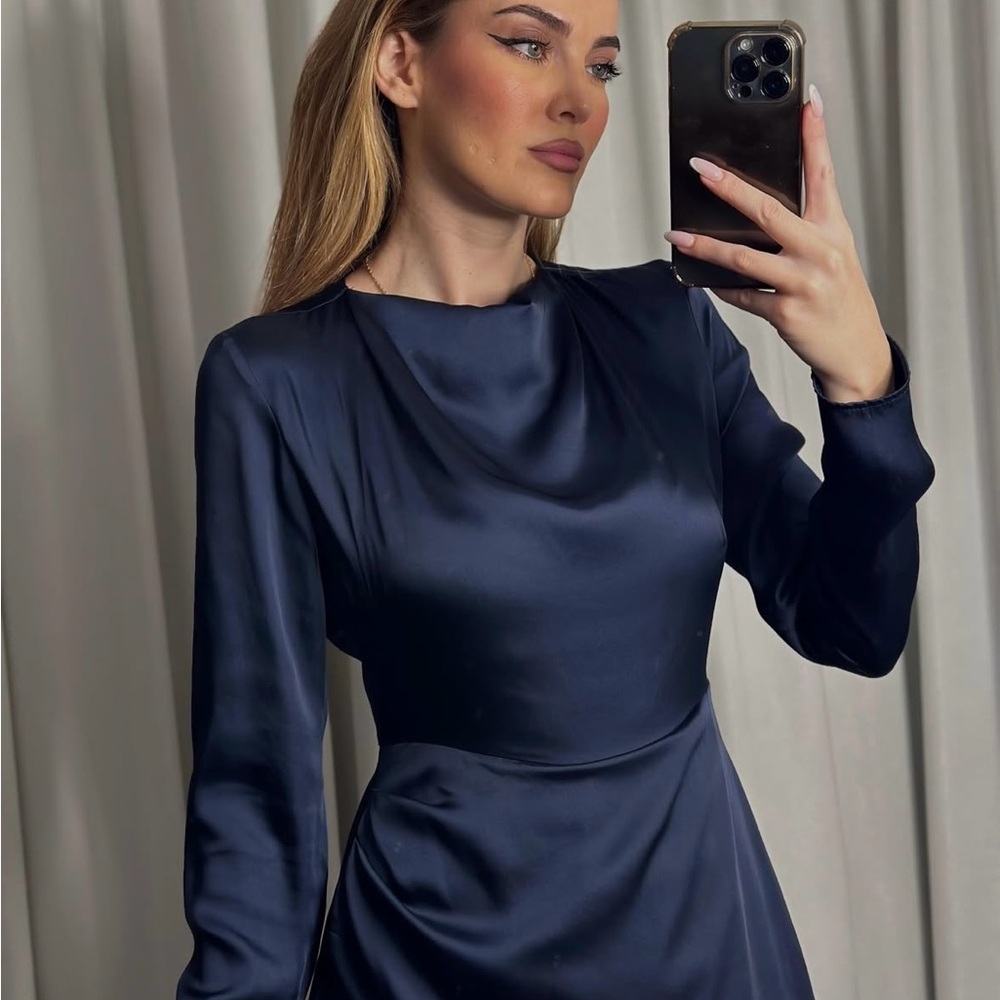 Elegant Navy Blue Satin Dress - Picture 2 of 5